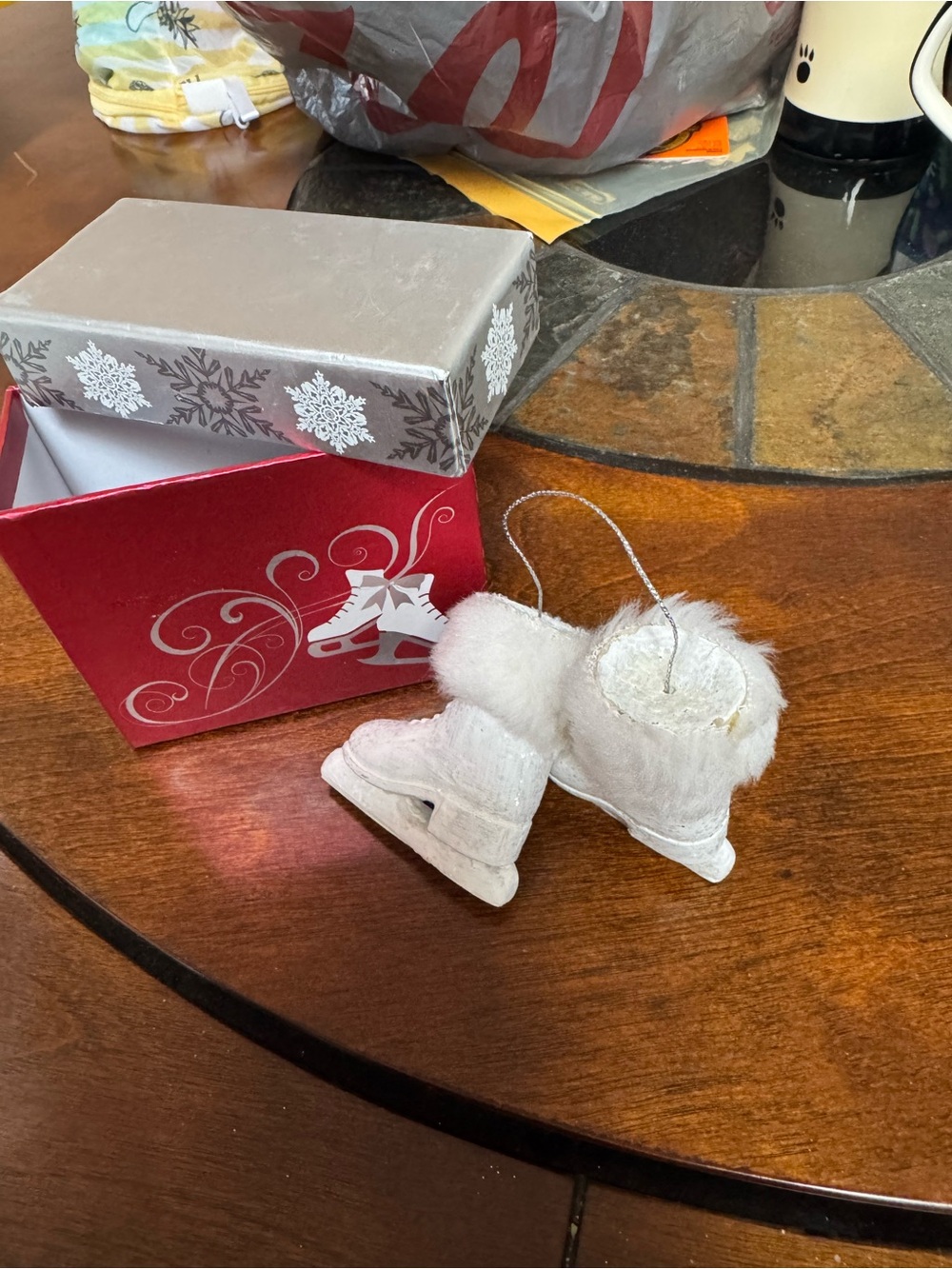 Christmas Ornament Ice Skates White with Fur Glitter Rhinestones With Box